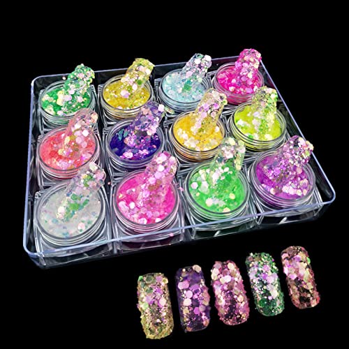 LoveOrhome 24 Cores Glitter Glitter Power Iridescente Hexágono em forma de lantejoulas Flocos de acrílico fino Acessórios de manicure