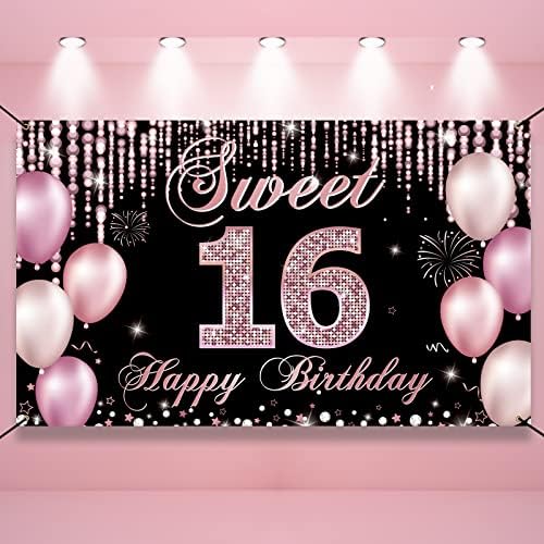 Htdzzi Sweet 16 Decorações de aniversário, Feliz Banner de 16º Aniversário Caso -pano para meninas, Pink Sweet Sixteen Party Yard Sign Decor, Sweet 16 Photo Booth Props Fundo, tecido, 6,1ft x 3,6 pés