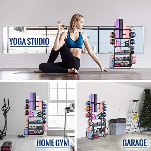 MythingLogic Yoga Mat Storage Racks, Rack de armazenamento de ginástica em casa para halteres de espuma Kettlebells Roller, cinta de ioga e faixas de resistência, organizador de armazenamento de equipamentos de exercícios com ganchos e rodas