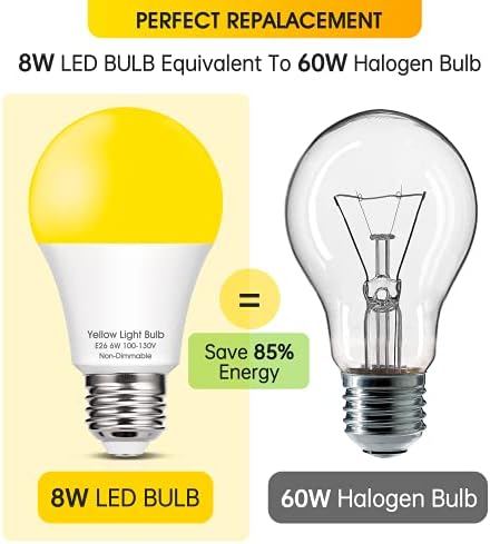 Lâmpadas amarelas de flaspar, lâmpada de inseto equivalente a 60W, base E26, lâmpada LED amarela A19, sem luz azul, lâmpadas