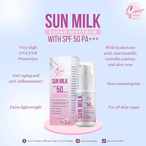 Sereese Beauty Sun Milk SPF 50 PA +++ Protetor solar facial de amplo espectro, 30 ml, 1,01 fl oz