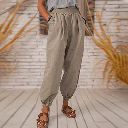 Calças de linho de algodão da mulher meymia, 2023 Summer Womenm Cor de cor sólida Casual perna larga cintura elástica calça