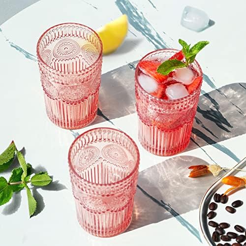Joeyan Pink bebendo xícaras de vidro, copos de água romântica em relevo, copos de vidro de bola alta vintage para bebidas