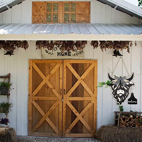 BUCHERRY Bem -vindo à porta da cabeça da vaca grinalda sinal da fazenda cabide da porta da frente da porta de madeira