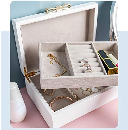 Caixa de armazenamento de jóias de lesões 2 Camadas Caixa de jóias brancas de madeira Organizador de armazenamento de jóias portáteis para colares, anéis, pulseiras, broches, estojos de jóias