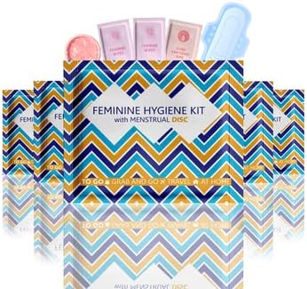 Kit de disco menstrual com pad - 5 pacote | Conveniência em movimento | Pacote de kit de período para viajar para fora de casa | Cobre todos os fluxos | Produtos de higiene feminina embrulhada individualmente