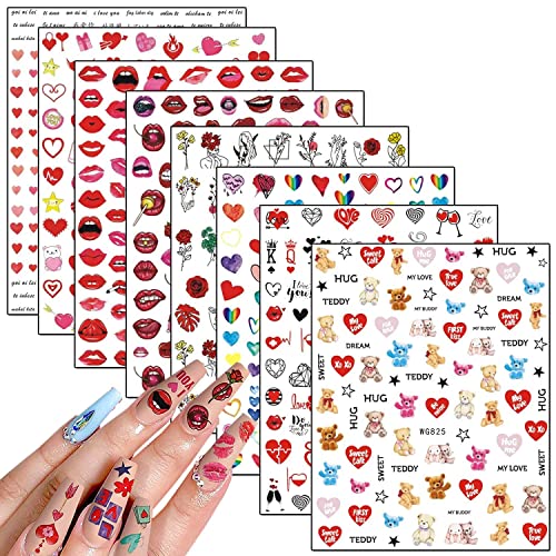8 lençóis adoram adesivos de arte de unhas de coração com 8 lençóis adesivos de arte de borboleta