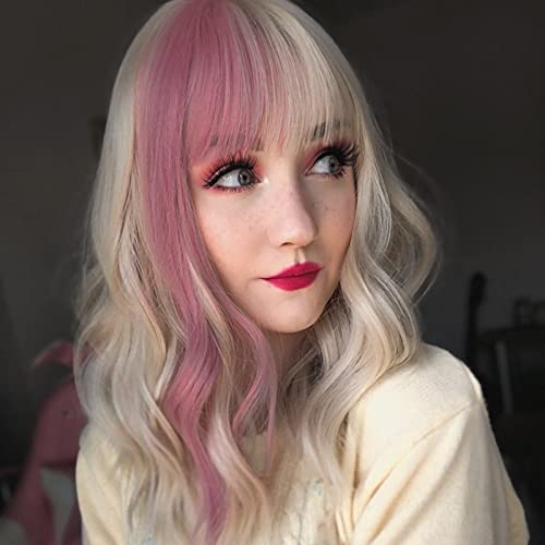 Perucas loiras com uma loira rosa roxa e perucas onduladas rosa com franja perucas sintéticas de comprimento médio para mulheres perucas de cosplay de Halloween onduladas para garotas para garotas perucas