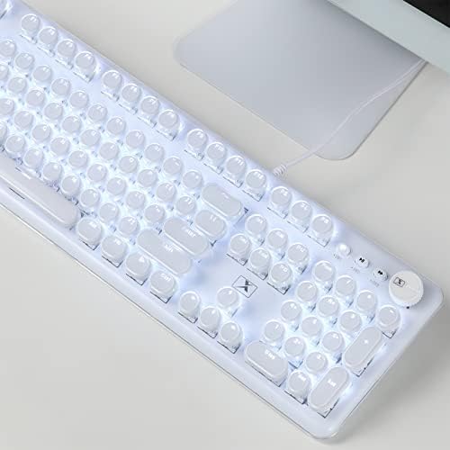 Teclado do Zdawnn Gaming com estilo de máquina de escrever punk retrô. Chave azul, luz de fundo branca elegante e teclado mecânico branco, USB-A com fio. para jogo e trabalho.