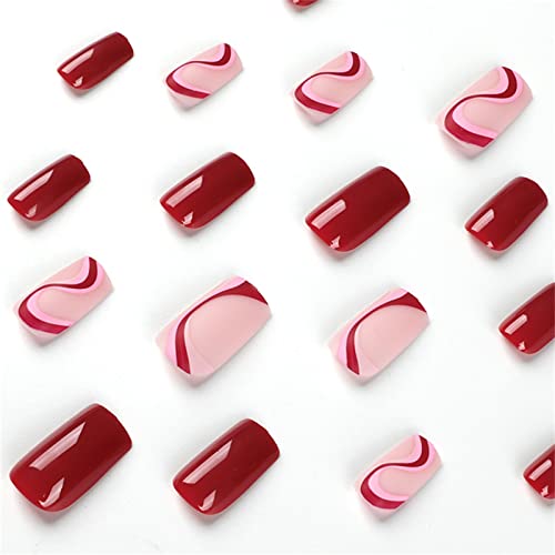 24pcs rosa ondas vermelhas unhas falsas capa completa square prensa curta em unhas com cola para mulheres e meninas unhas art manicure decoração