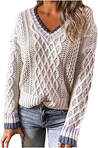 suéter de manga comprida Pimelu para mulheres, blusa de algodão em v alcatra larga blusa de malha de malha solta blusa de manga longa de manga comprida