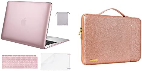 Mosis compatível com MacBook Air 13 polegadas CASO 2022-2018 A2337 M1 A2179 A1932, Casca dura de plástico e bolsa vertical de couro PU com bolso e cinto e teclado e protetor de tela e bolsa de armazenamento, ouro rosa