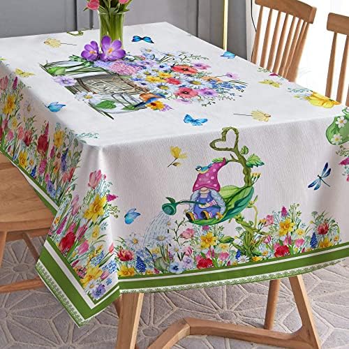 Toalha de mesa de primavera de hexagrama, toque de mesa verde Retângulo 60x84 polegadas, toalhas de mesa florais Gnomos Mesa de férias floral Decorações de primavera para casa, jantar, festa