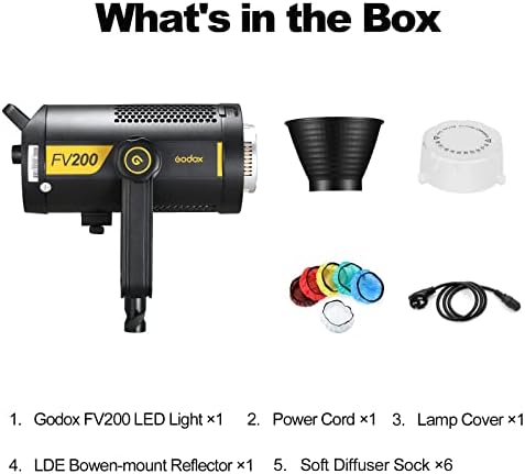 Godox FV200 200W 2.4G Flash LED Light, CRI96+, TCLI 96+, 18000LUX, 5600K ± 200K, 1/8000S Sincronização de alta velocidade, construída em modos de 8 fx de efeitos especiais, compatíveis para Canon, Nikon, Sony, Olympus, panasonic