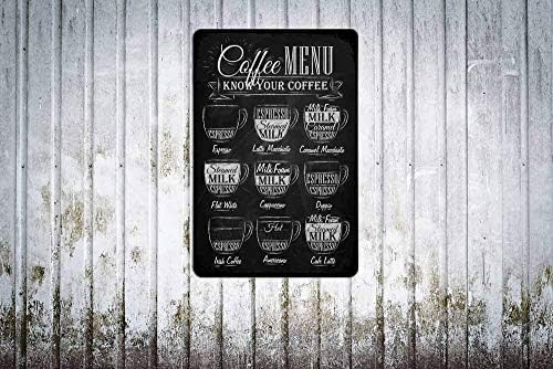 Lizixing Coffee Menu Sinais de lata, conheça seus tipos de café para homens, decoração de parede para bares, restaurantes, cafés, pubs, 12x8 polegadas