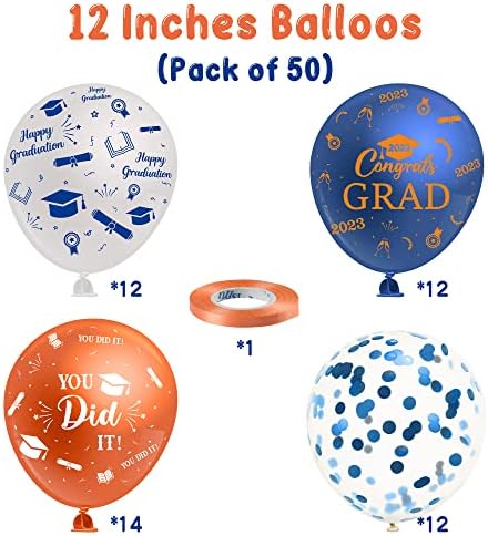 Haooryx 50pcs azul e laranja Balões de graduação Kit Class de 2023 Decoração de festa de graduação 12 polegadas Parabéns Gradi Confetti
