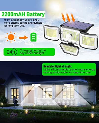 KHTO Solar Lights Outdoor, 278LED 3000 lúmen IP65 Luzes de segurança do sensor de movimento à prova d'água com 3 modos de iluminação, 4 cabeças lâmpada de parede solar para pátio de jardim pátio