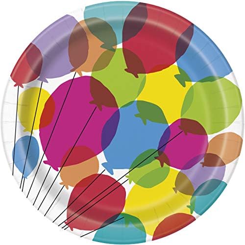 Placas de jantar de papel redondo exclusivas - 9 | Balões e aniversário de arco -íris | 8 PCs