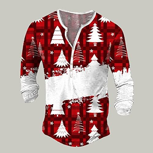 Wocachi Christmas Henley camisas para homens feios de natal rena Snowflake Impressão de manga longa V Botão de pescoço para