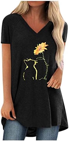 Womens Vneck Cotton Sun Cat Gunflower Floral Graphic Brunch Camisa fofa de blusa para mulheres Summer Summer A8 A8