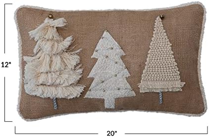 Cooperativa criativa 20 'l x 12' h jute e algodão travesseiro lombar com árvores aplicadas e bordadas, sinos de ouro e miçangas, cor natural e creme