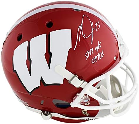 Melvin Gordon autografou/assinado Wisconsin Badgers Schutt Size Capacete NCAA Red e Branco com Inscrição de Estatísticas de Carreira
