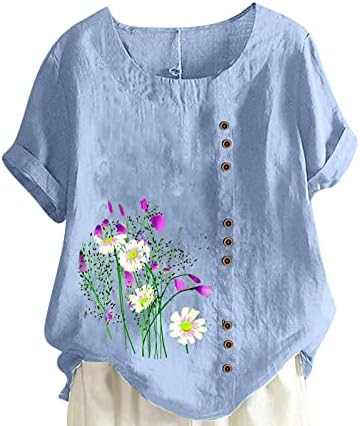 Camiseta casual damas de manga curta de linho de linho de linhas de linhas de linhas de linho de papoula de papoula floral plus size