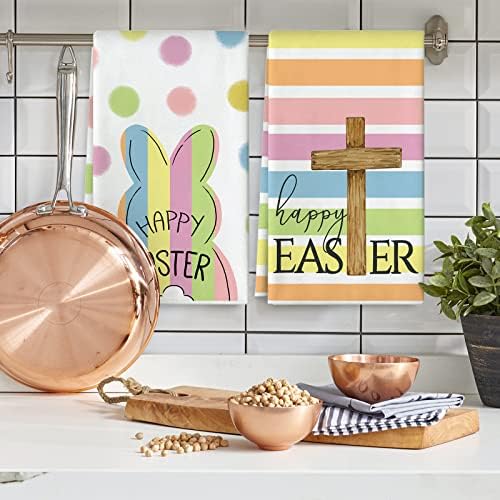 AnyDesign Happy Easter Kitchen Tootes Spring Spring Bunny Cross Polka Polka Stripes Hand Secando a toalha de chá