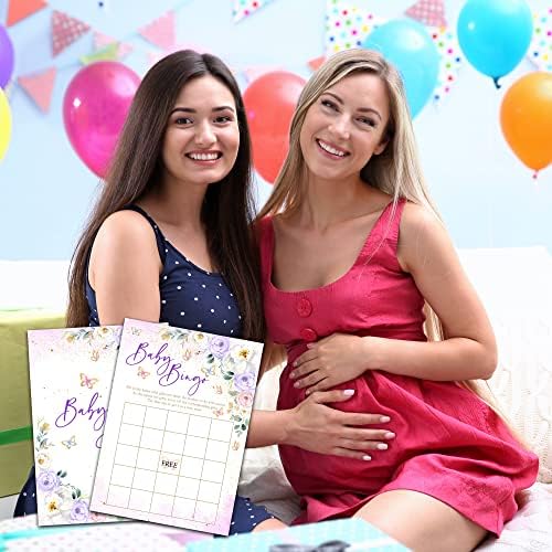 DOQPO Butterfly Baby Shower Game, Purple Floral Baby Shower Bingo Cards, Gênero Revelação de Jogos de festa, suprimentos e atividades