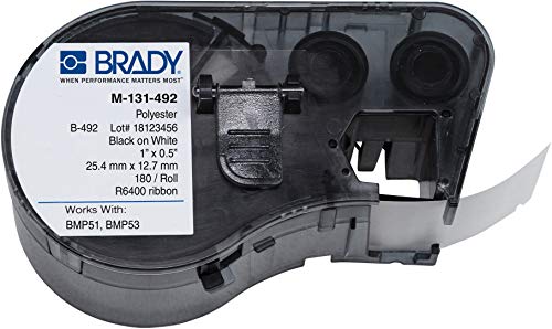 Brady M-131-492 Poliéster B-492 Black On White Label Cartuctidge, 1/2 Largura x 1 Altura, para impressoras BMP51/BMP53