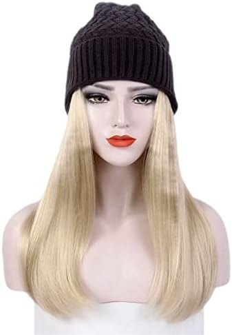 HGVVNM Fashion Europeu e American Ladies Hair Hap uma longa peruca e chapéu loiro e chapéu de malha preta