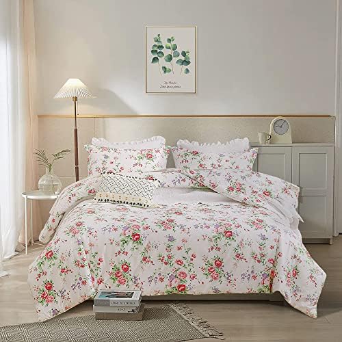 Consolador floral de algodão Sanracie tamanho King, cama de flor branca e rosa Conjunto com consolador botânico de folhas verdes,