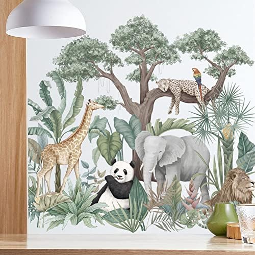 Plantas tropicais da floresta tropical de parede decalques de parede de árvore decalques de elefante elefante girafa leopardo panda adesivos de parede, crianças infantil berçário berçário berçário diy adesivo decesivo de arte mural de parede