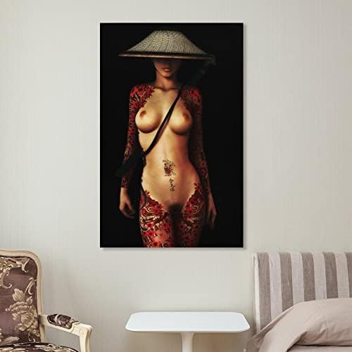 Posters preto e branco de bludug japonês feminino sexy samurai nude canvas de pintura de parede de artes de parede para quarto decoração