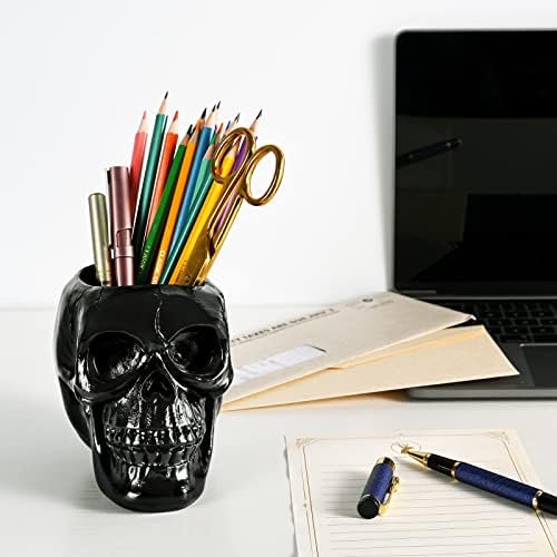 Tofun Black Skull Face Pen Porta Lápis, suporte de armazenamento de escova de maquiagem, armazenamento de papelaria de copo de lápis de resina para desktop, panela de planta de resina, decoração decorativa de Halloween da cabeça do esqueleto