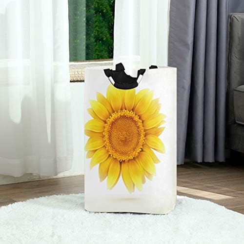 Yyzzh girassol amarelo brilhante na estampa floral branca grande lavanderia bolsa de cesta de cesta de cesta de compras colapsível colhester lavanderia cesto de roupa dobrável bolsa dobrável lavar lixo