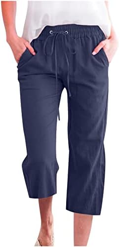 Mulheres da cintura alta calças de perna reta Casual cintura linho de algodão largura calça de perna largo