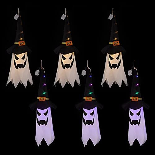 Decorações genéricas de 6pcs Halloween Decorações de chapéu fantasma iluminadas ao ar livre, luminárias de chapéus de bruxa