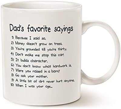 Mauag Funny Dads Sayings favoritos caneca de café, Dadisms engraçados escritos em uma lista dos dez melhores, melhores presentes de aniversário para papai, copo de pai, branco 11 oz