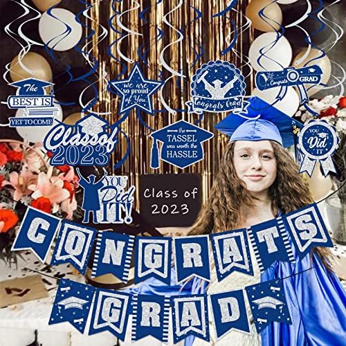 Parabéns azul e prata Banner de graduados e redemoinhos de graduação 2023, parabéns decorações de placas de graduação Parabéns