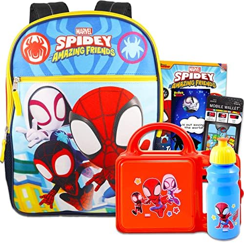 Spidey e sua mochila e lancheira incríveis para amigos - pacote com mochila de spiderman de 16 ”, lancheira de spidey, garrafa de água, adesivos, mais | Mochila Spidey e Friends