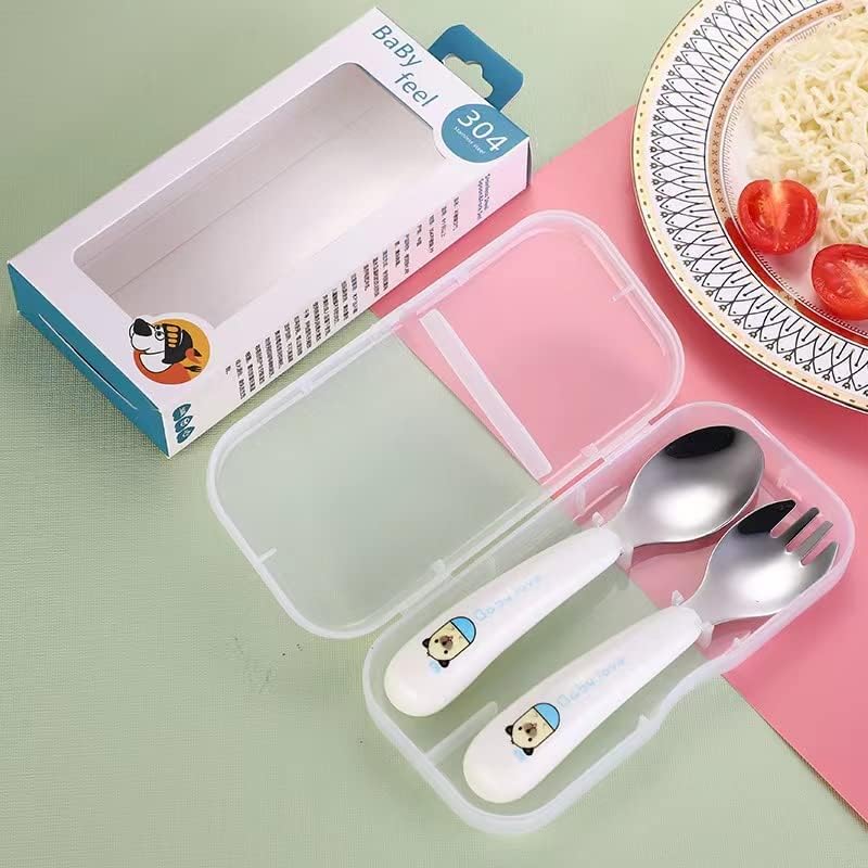 Utensílios de criança definido aço inoxidável com alça de silicone para criança colher e garfo da criança - BPA Free Lasher de lavar louça seguro Conjunto de talheres de talheres infantis Garfo infantil e colher de crianças colher