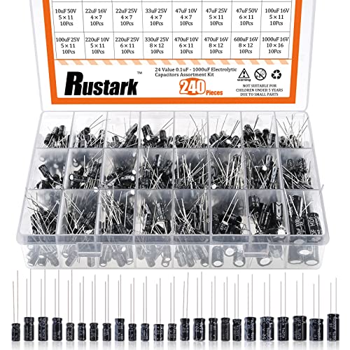 Rustark 240pcs 24 valores 10v 16V 25V 50V Capacitores eletrolíticos de metal Kit de variedade de variedade de variedades,