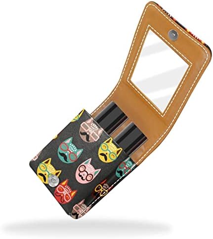 Mini estojo de batom com espelho para bolsa, Cats Pattern Portable Case Holder Organization