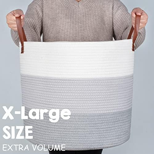 Cesta de corda de algodão 18 x18 x16 com alça de couro | xxl de armazenamento de armazenamento cesto de cesta de roupas cesto