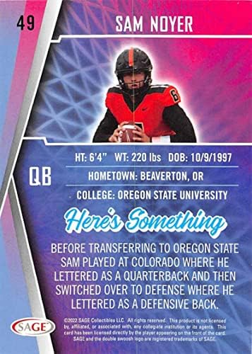 2022 Sage Low Series Gold #49 Sam Noyer Oregon State Beavers RC Cartão
