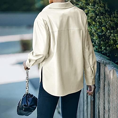 Jaqueta frontal aberta de manga longa para mulheres trabalhos outono de botão de botão de botão de ajuste sólido couro de lapela sólida