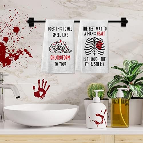 2 Pacote de toalhas de cozinha gótica engraçada, presentes de serial killer para mulheres, toalhas de banheiro verdadeiras,