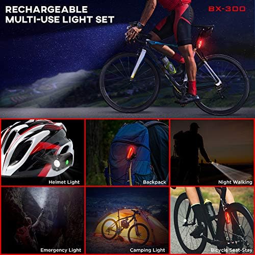 BX -300 Luz de bicicleta recarregável - Luzes dianteiras e traseiras poderosas, acessórios para bicicletas para passeios noturnos, segurança
