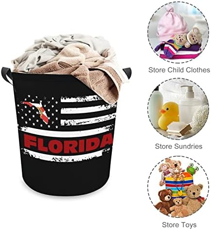 Vintage Florida US Flag Basking com alças Round Round Collapsible Laundry Horper Storage Basket para banheiro do quarto